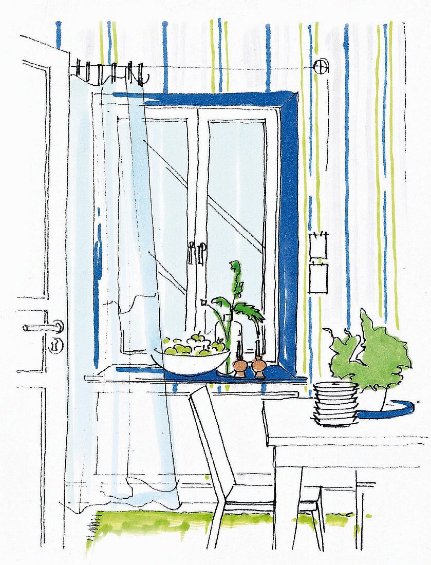 An illustration of a window design with a blue frame, striped wallpaper and a floating curtain in a dining area