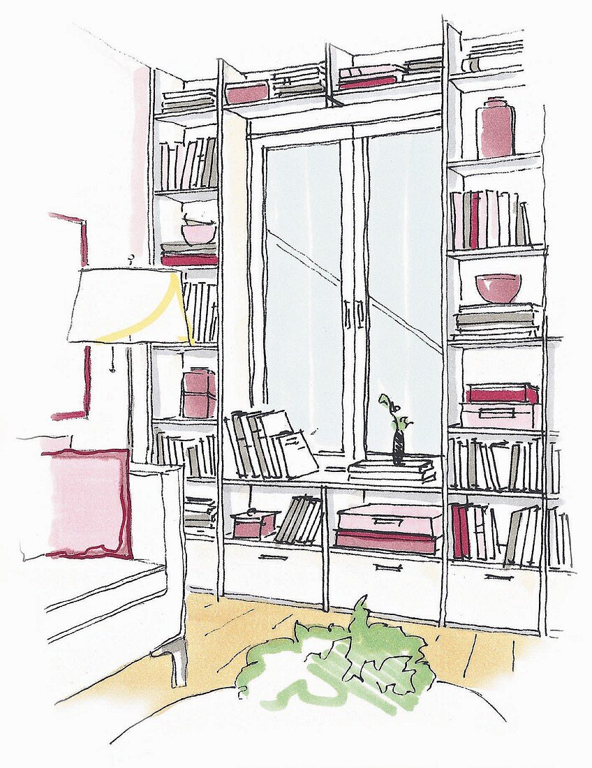 Illustration: a window integrated into a wall full of bookshelves