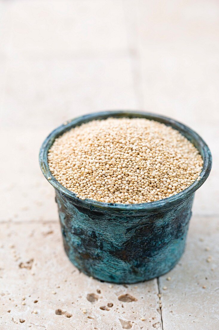 Quinoa in a blue ceramic jar