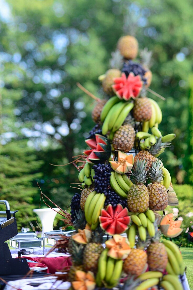 A pyramid of exotic fruit on a Caribbean buffet