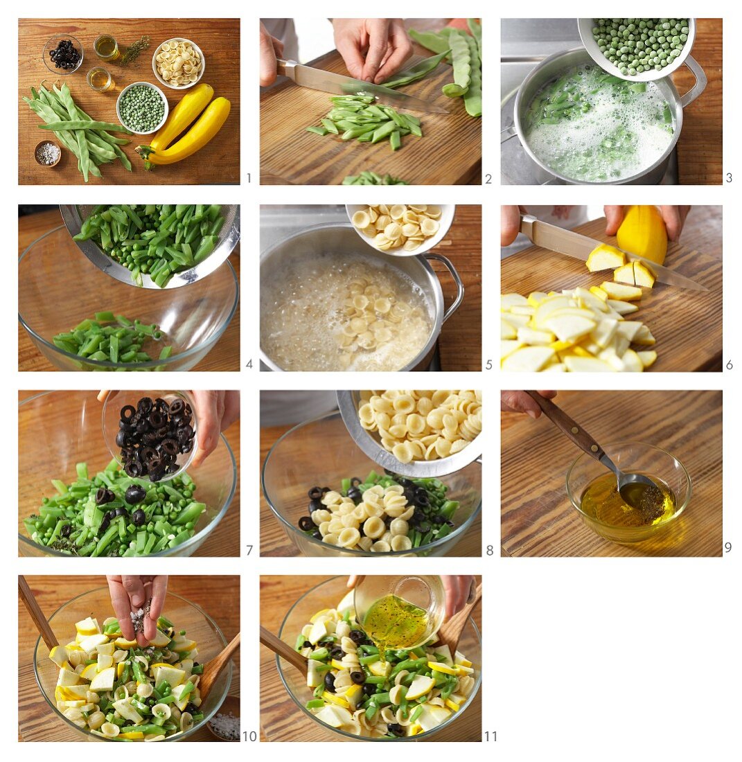 Orecchiette-Salat mit grünen Bohnen, gelber Zucchini & Oliven zubereiten