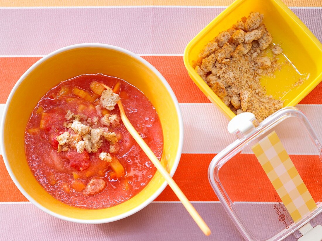 Cold fruit soup with crunchy bits