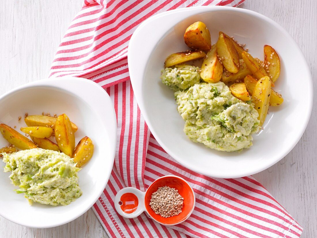 Brussels sprout purée with sesame seed potatoes