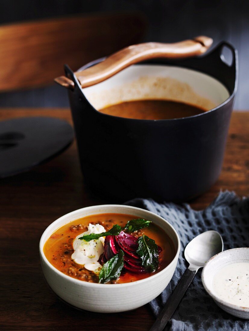 Persian red lentil soup with tahini, beetroot and fried mint