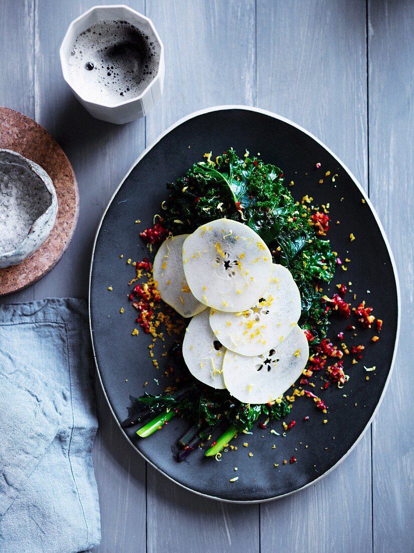 Kale with pear, bottargo and sea urchin butter