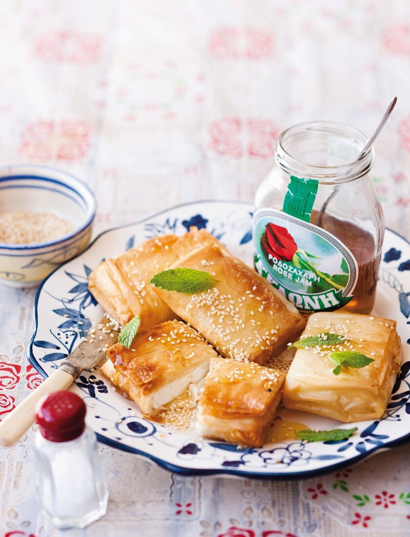 Phyllo-wrapped feta with honey and sesame seeds