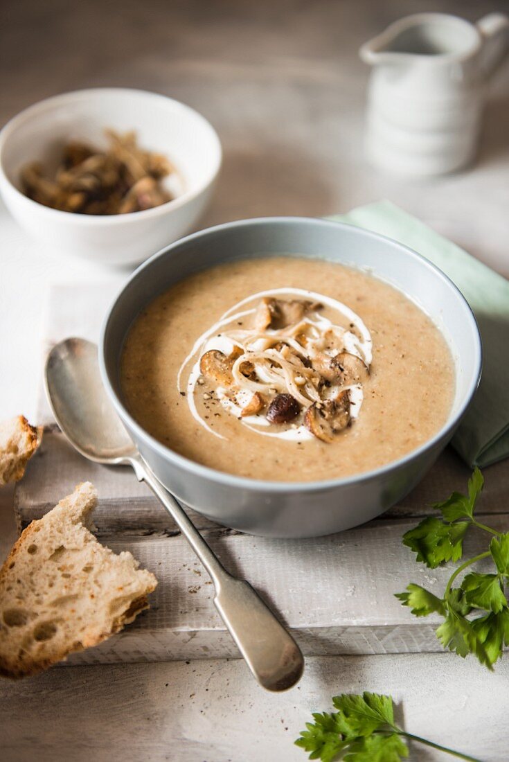 Cream of mushroom consommé soup