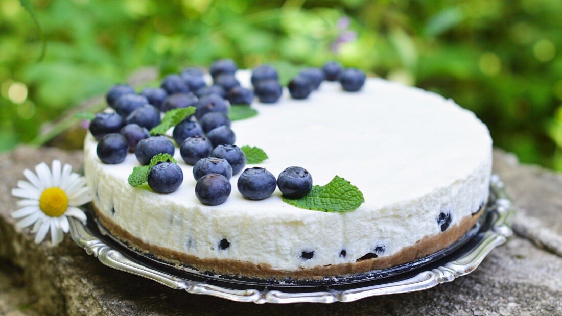 Unbaked yoghurt cake with blueberries