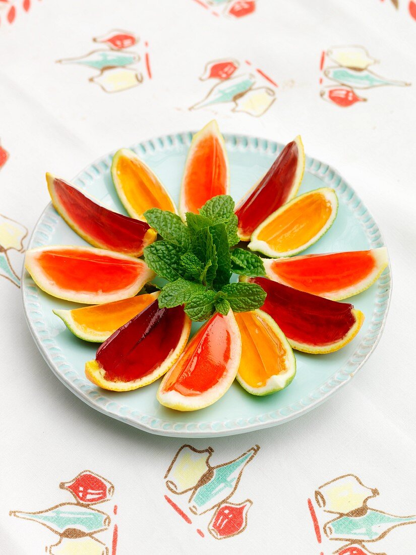 Jelly in citrus fruit wedges