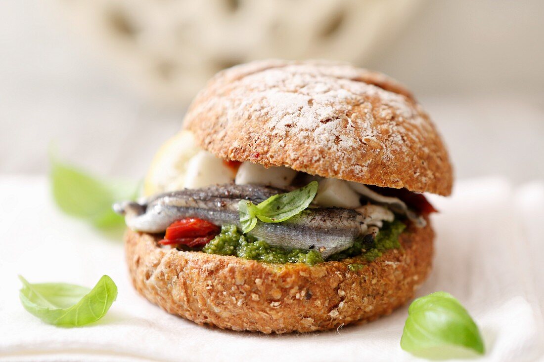 A fish roll with basil pesto