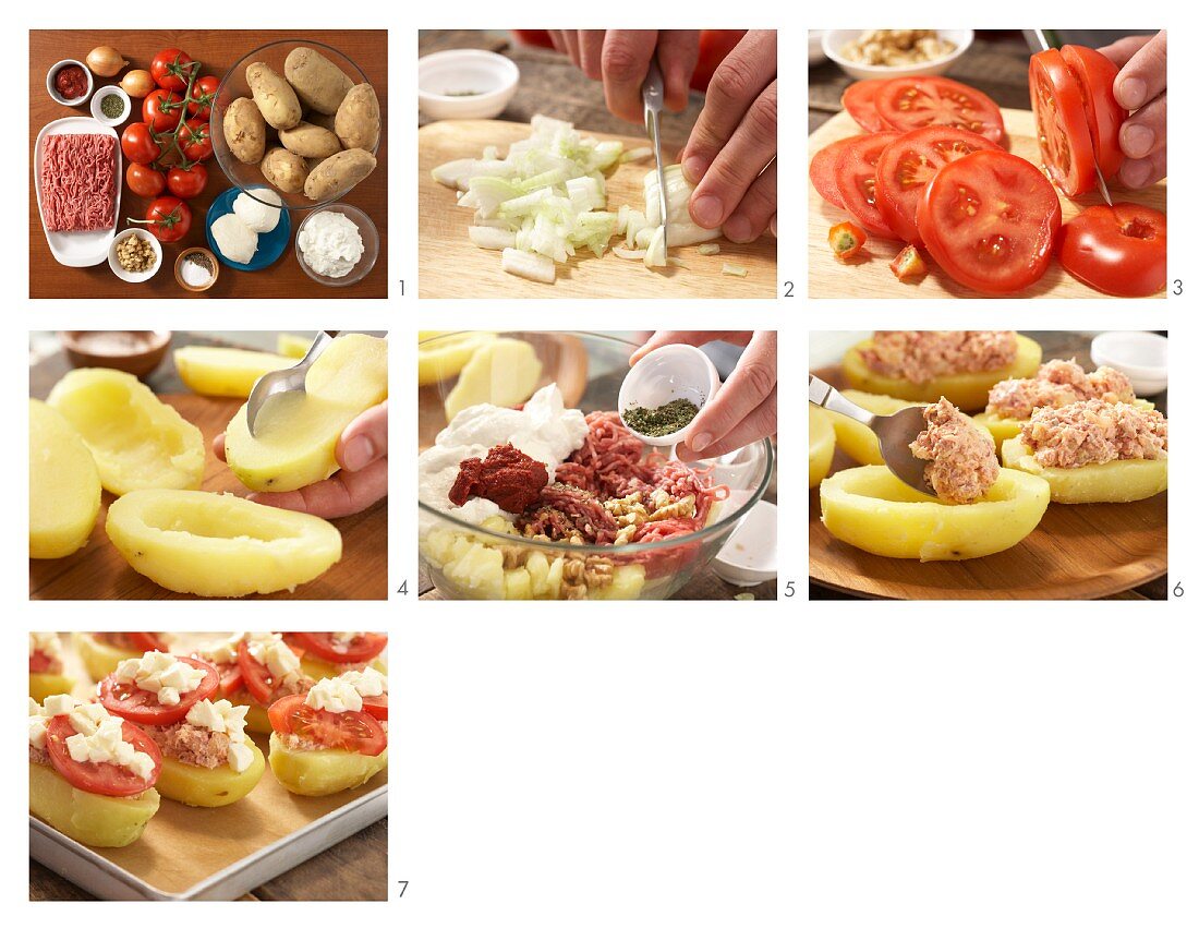 Potatoes with minced meat filling and tomatoes being made