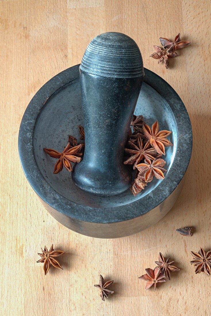 Star anise in a mortar