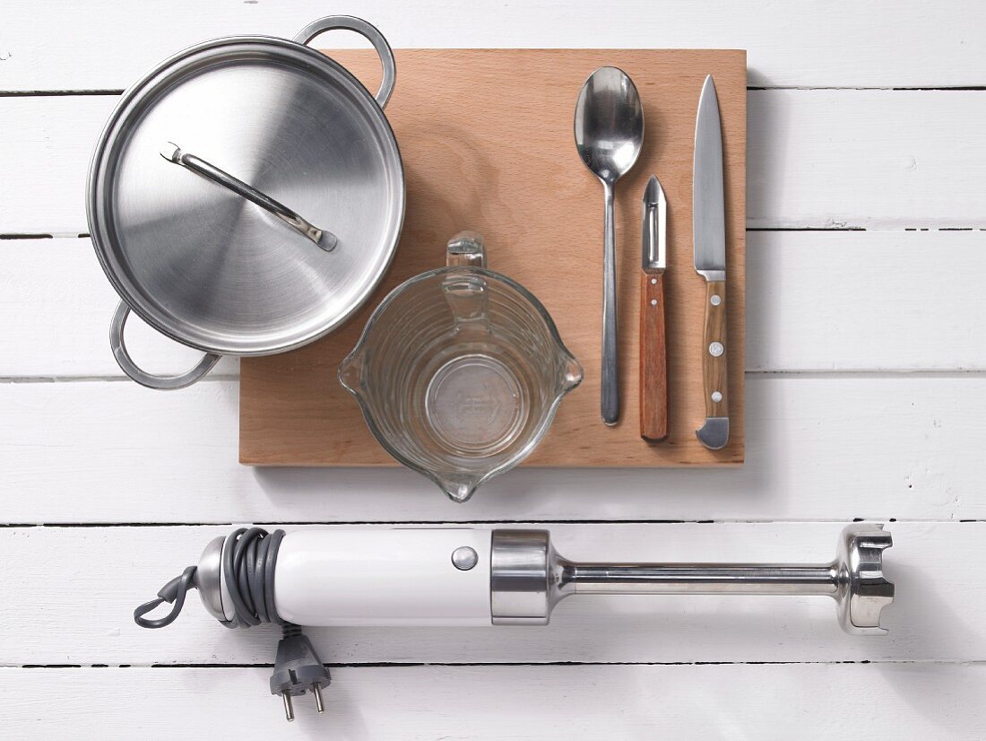 Assorted kitchen utensils for preparing baby food