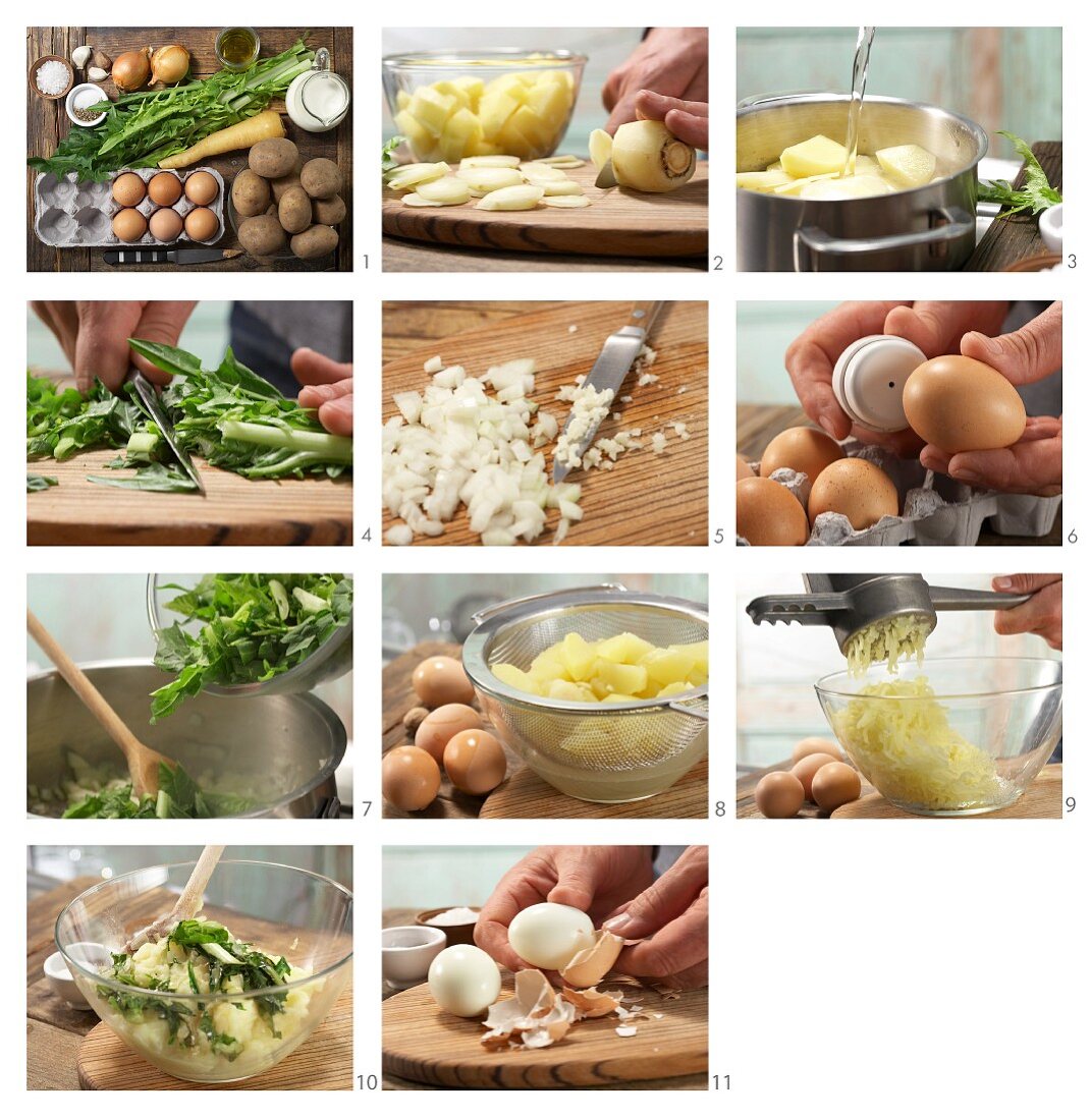 How to prepare dandelion & potato purée with eggs