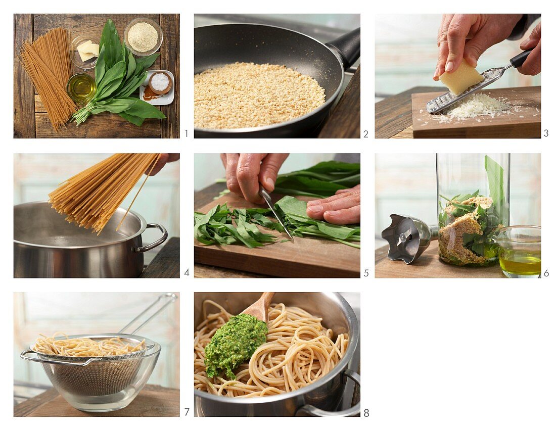 How to prepare spaghetti with wild garlic and almond pesto