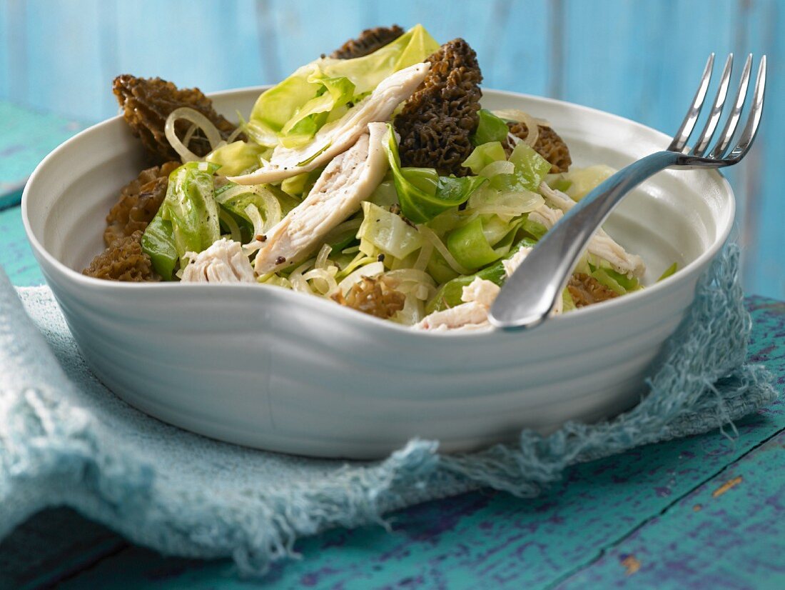 Pointed cabbage with morel and chicken breast strips