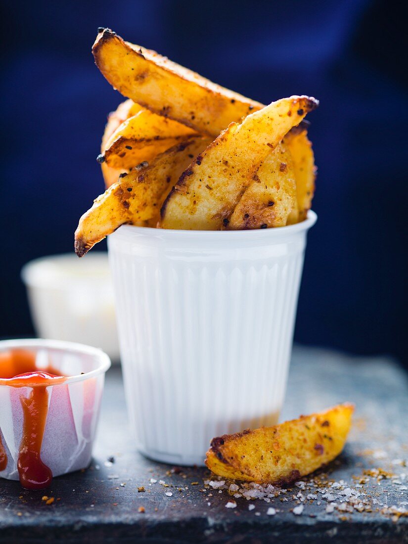 Potato wedges in a cup and ketchup