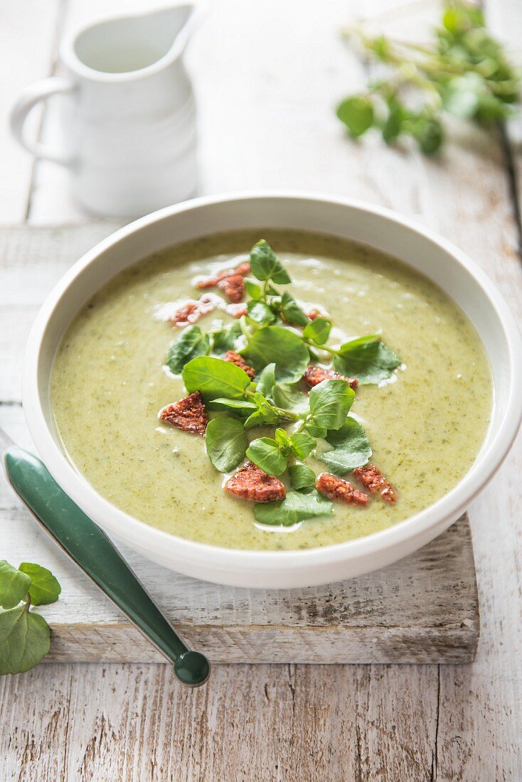 Watercress soup with chorizo sausage