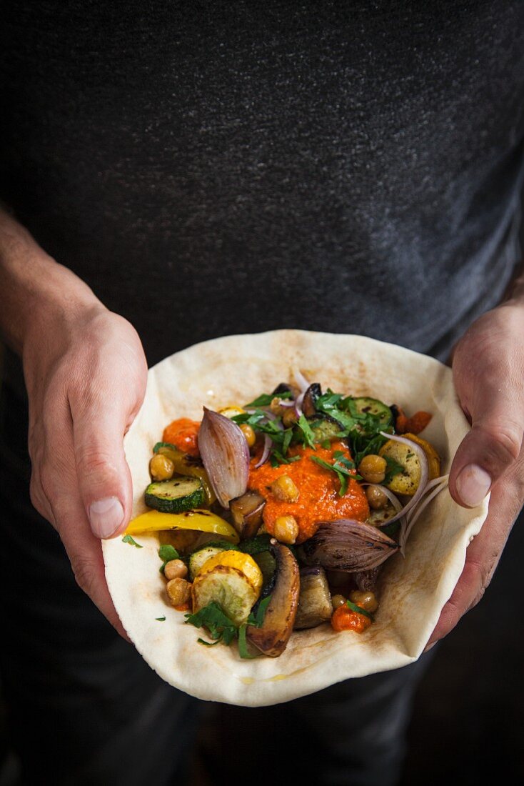 Oven roasted vegetables in flatbread