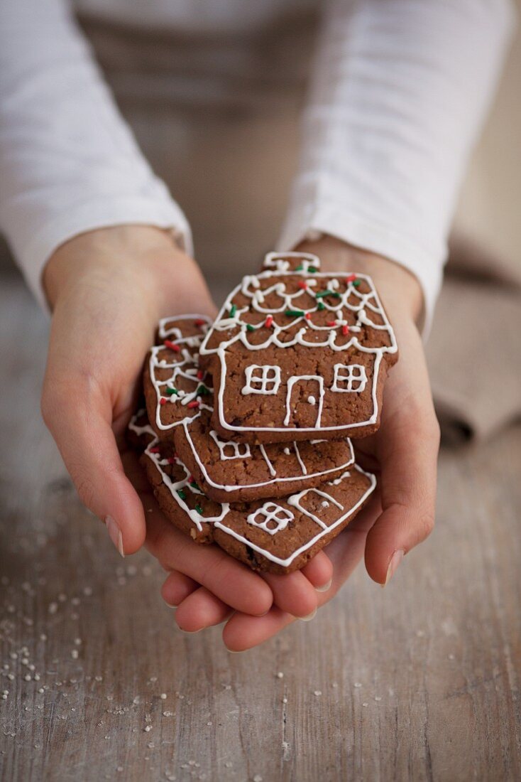 A person holding house-shaped gingerbread biscuits
