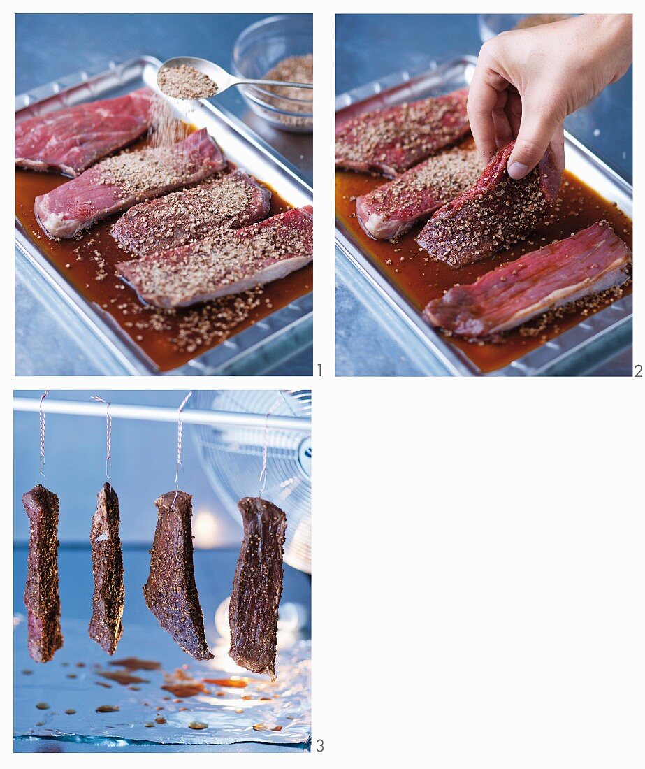 Biltong (luftgetrocknetes Fleisch, Südafrika) zubereiten