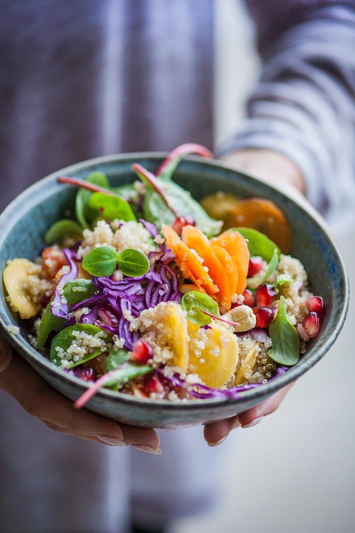 Thai-Quinoasalat mit Blutampfer, Gemüse, Granatapfel und Erdnüssen (Superfood)