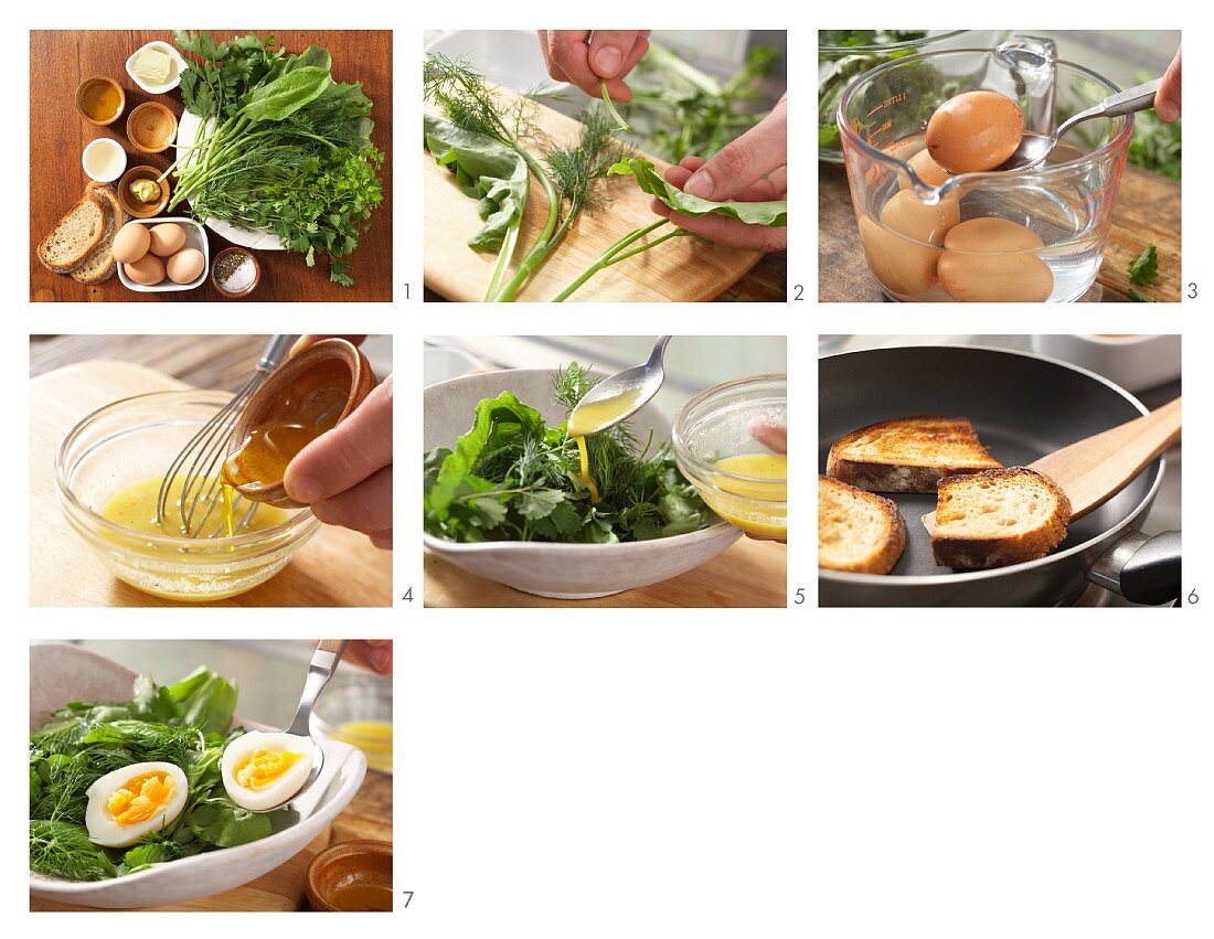 How to prepare herb salad with egg and a light mustard vinaigrette