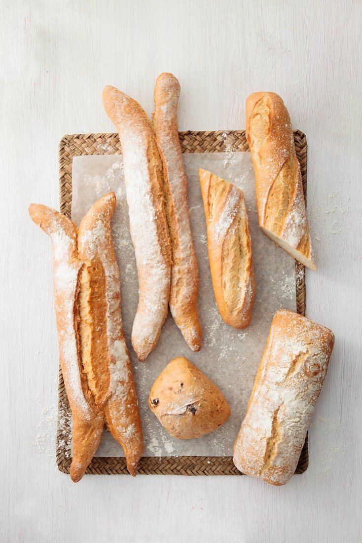 Assorted baguettes and a baguette roll