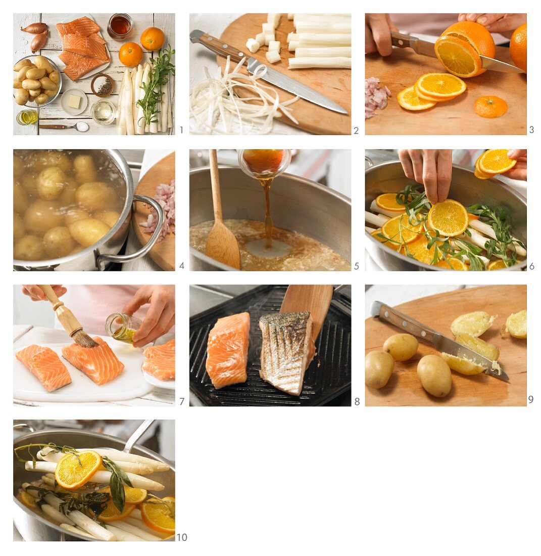 Orangen-Estragon-Spargel mit Lachs und Minikartoffeln zubereiten