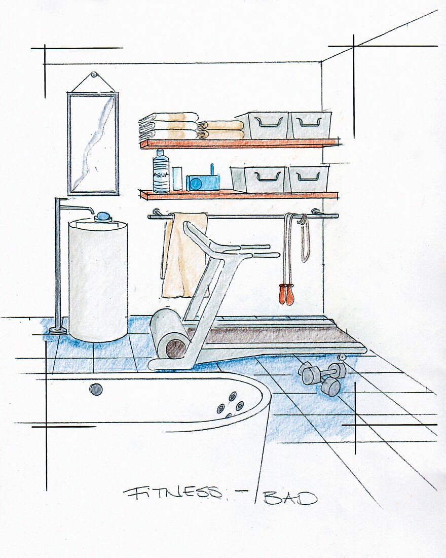 An illustration of a bathroom with fitness equipment