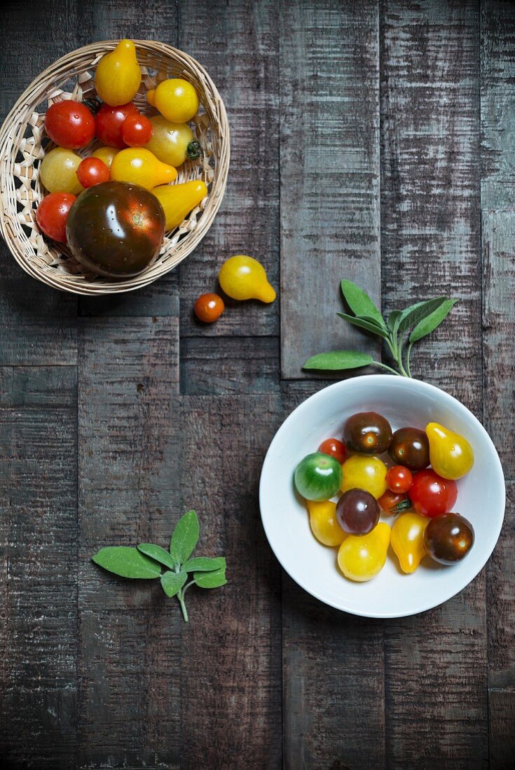 Tomatoes with fresh sage in a porcelain bowl and a basket on a wooden surface