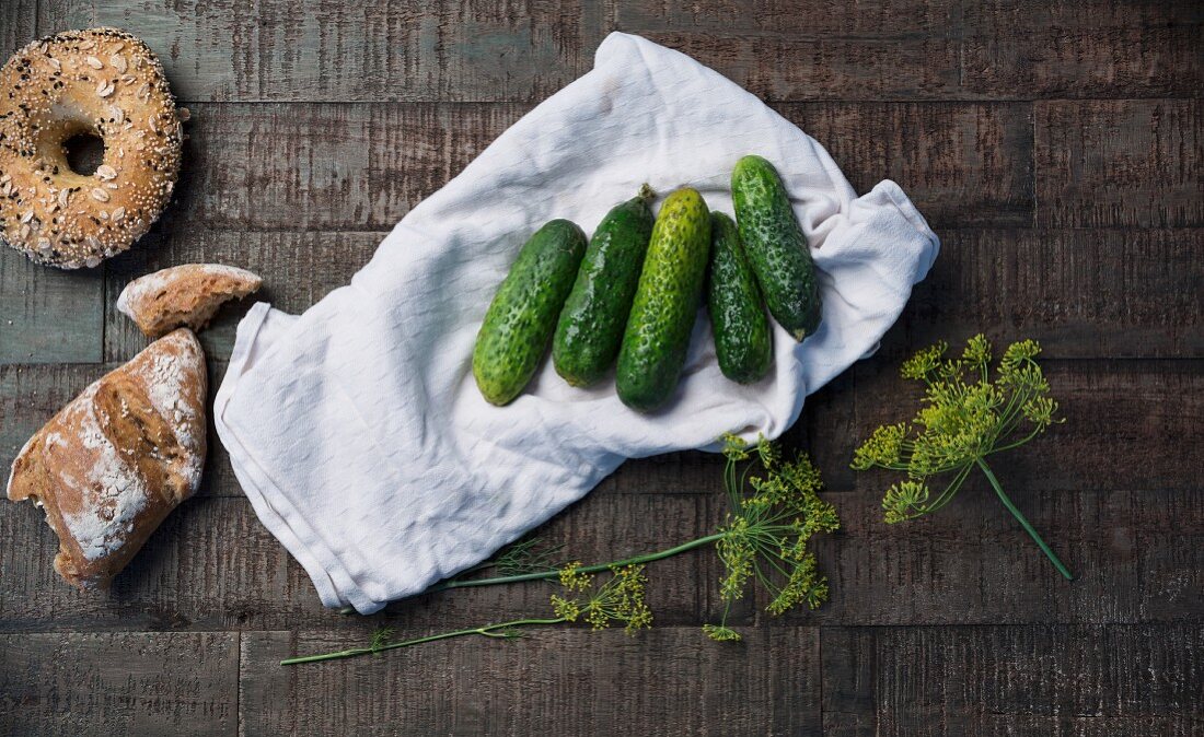 Gherkins with fresh dill on a white tea towel, bread rolls and oat bagels