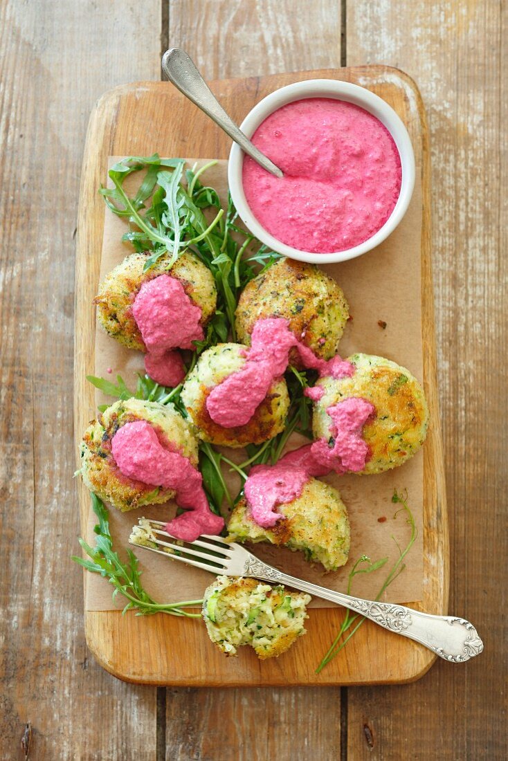 Courgette fritter with feta cheese and a beetroot dip