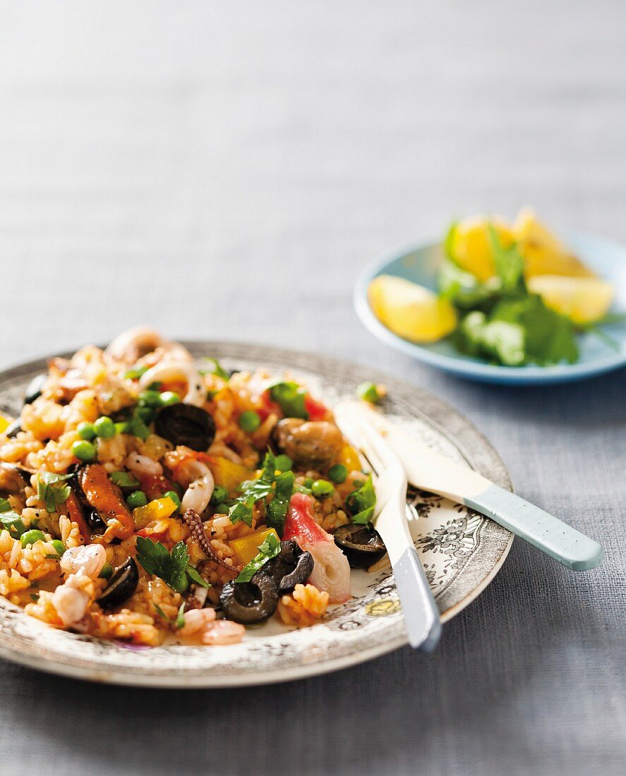 Paella with seafood and olives