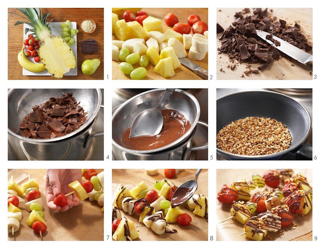 How to prepare fruit kebabs with chocolate and chopped almonds