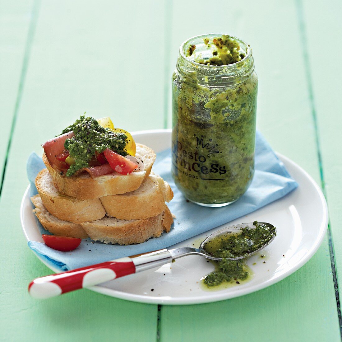 Pesto and bread with a topping