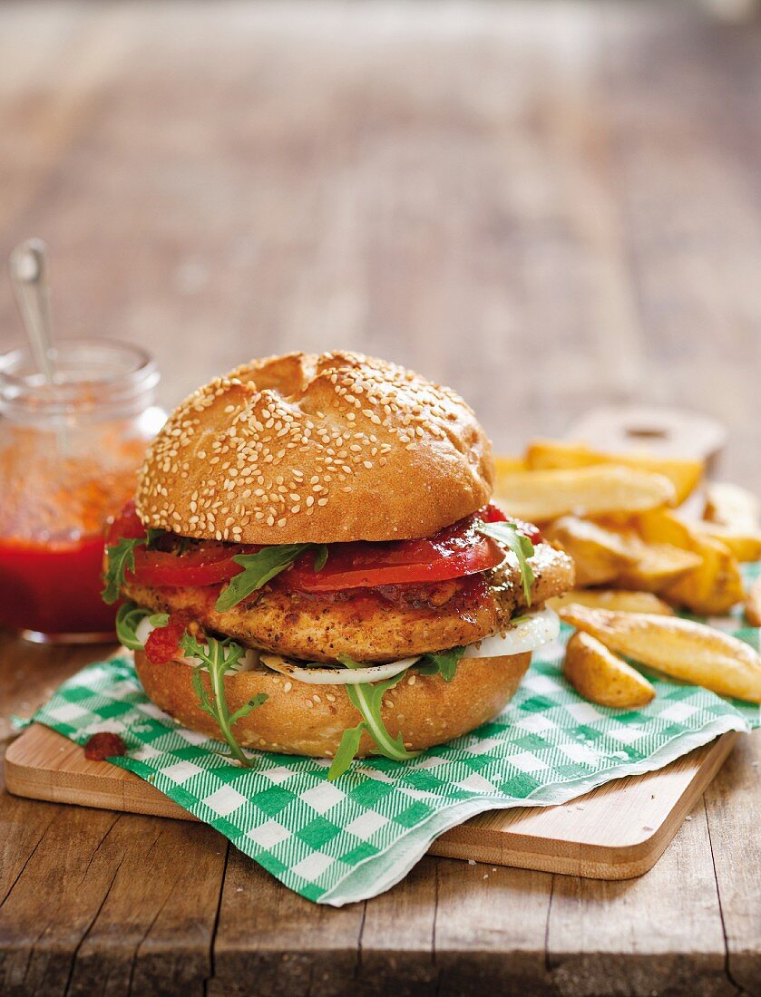 Cajun chicken burger and chips