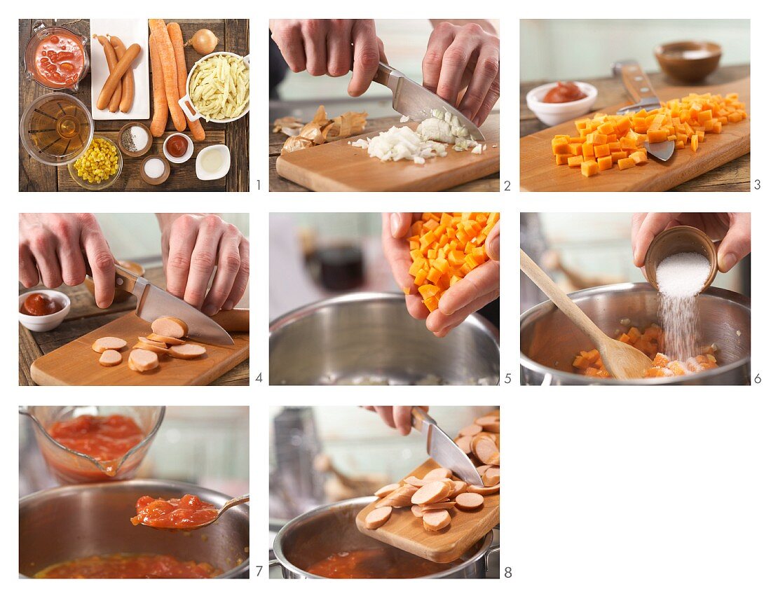 How to prepare sausage goulash with Spätzle (soft egg noodles)