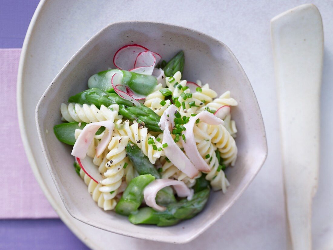 Nudel-Spargel-Salat mit Radieschen und Putenbrust