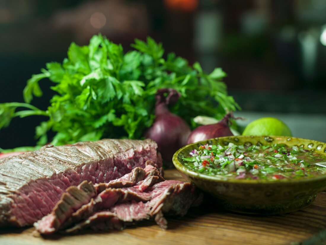 A flank steak with chimichurri (Argentina)