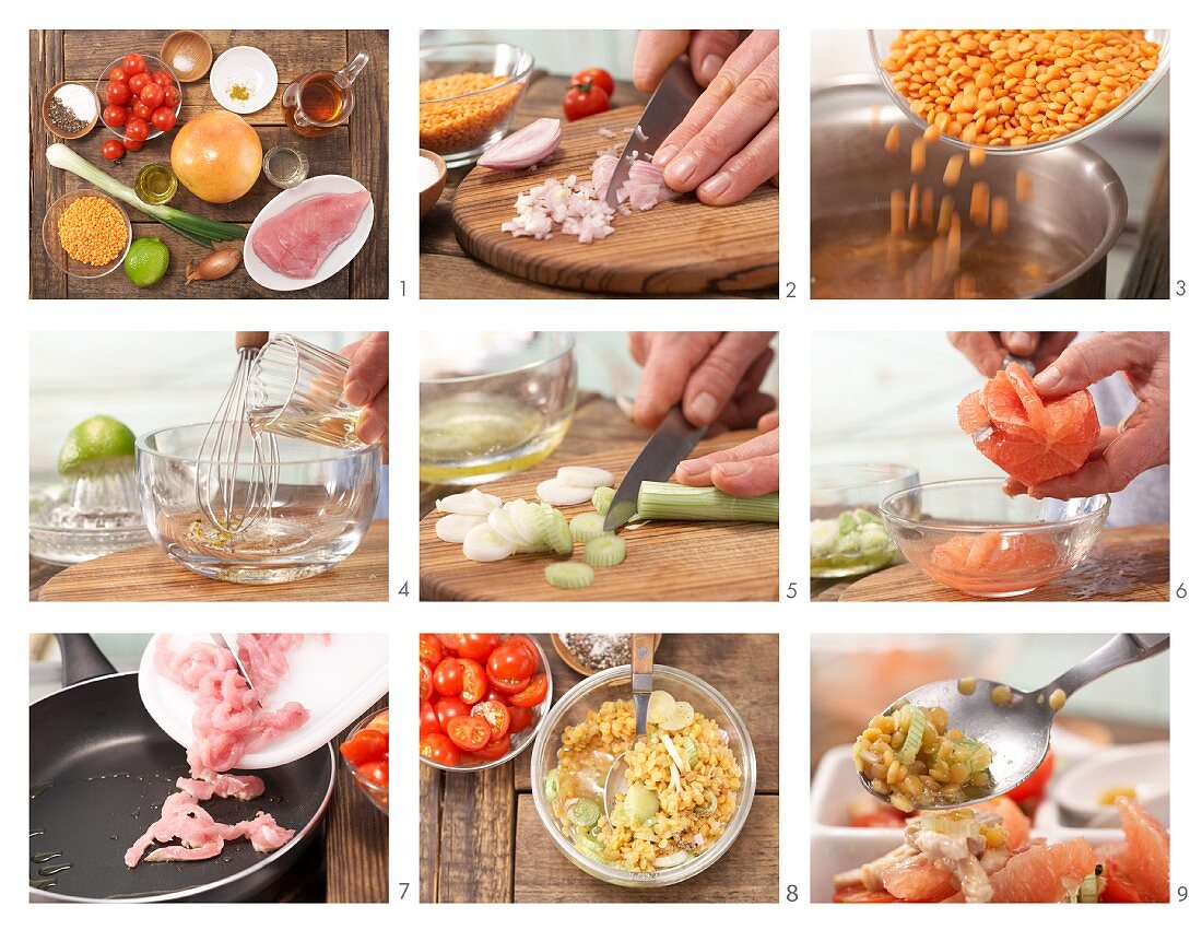 How to prepare turkey salad with grapefruit, lentils and tomato