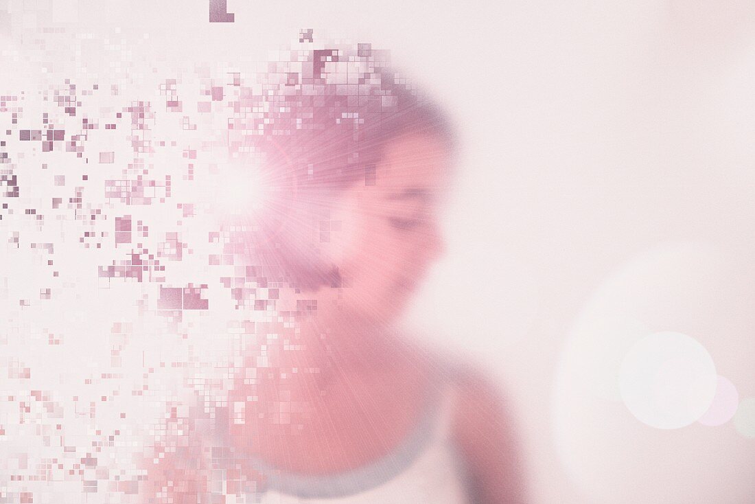 A young girl standing behind a pixelated screen