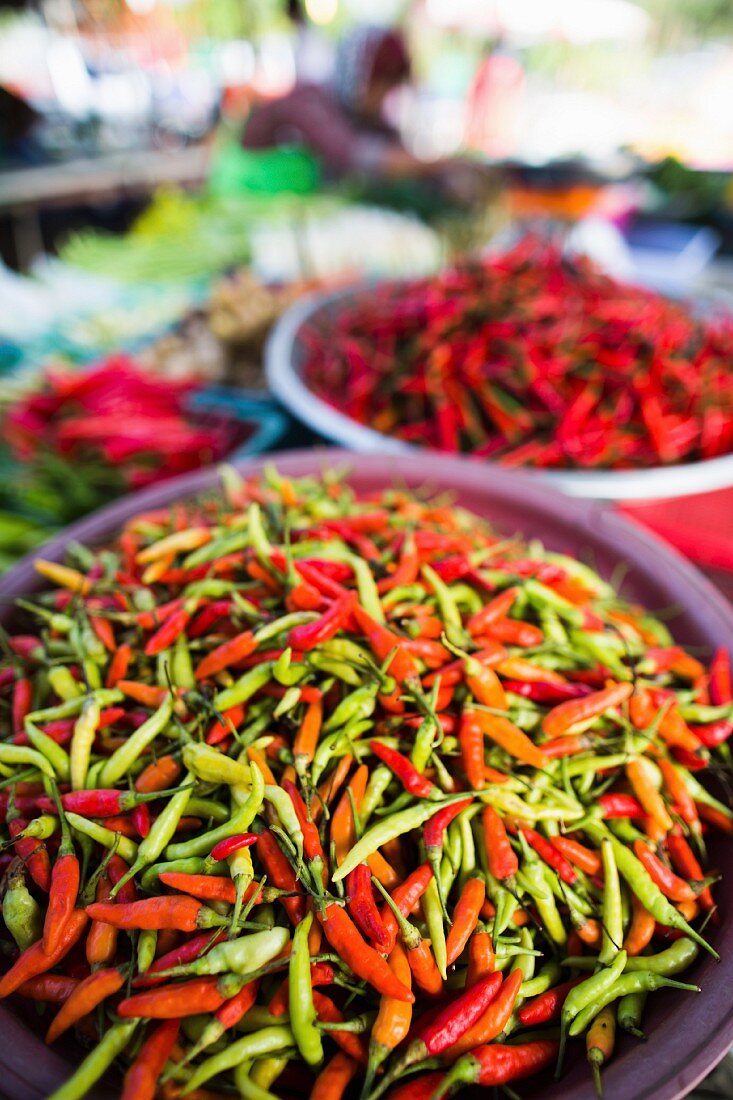 Verschiedene Chilis auf dem Markt in Phuket, Thailand, Asien