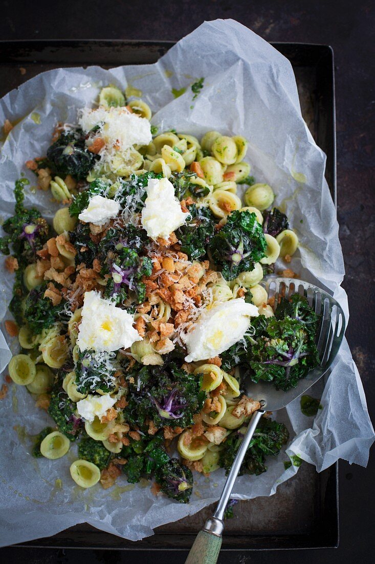 Orecchiette mit Flower Sprouts, Brotbröseln, Pesto und Parmesan