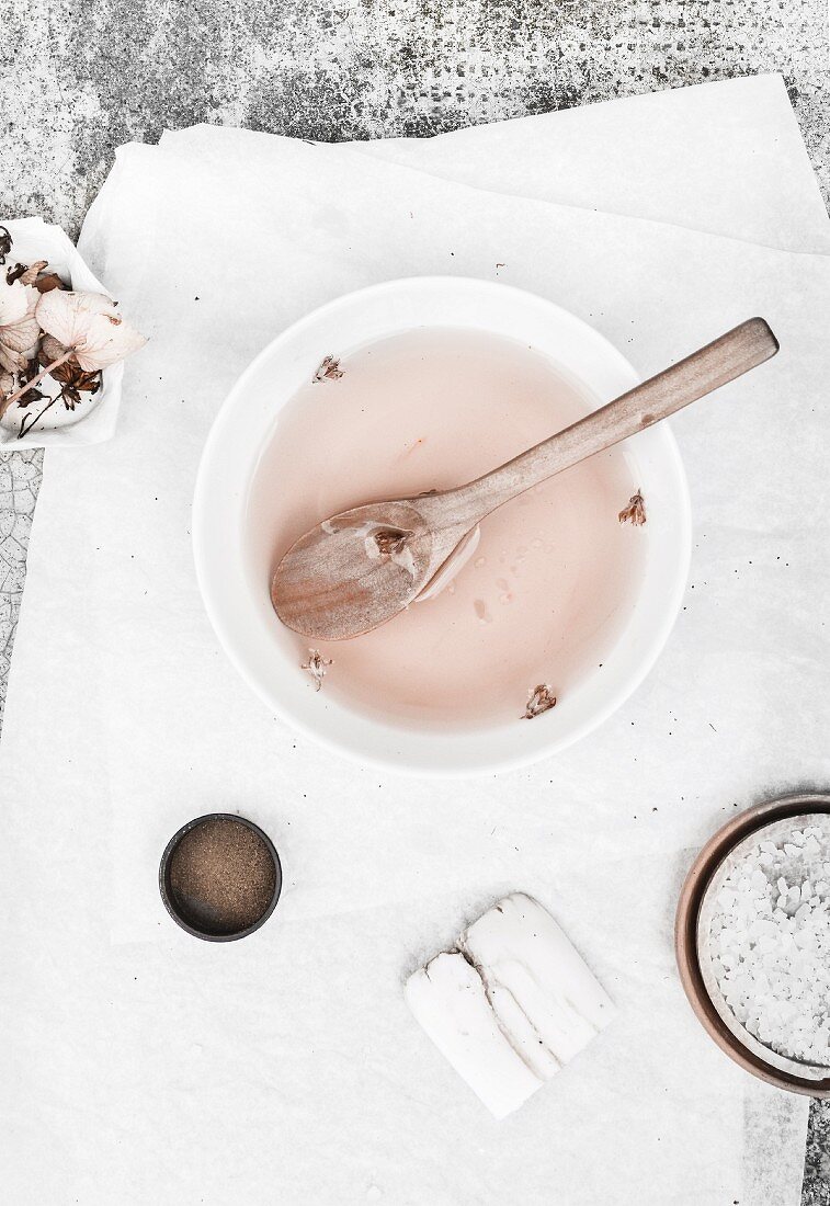 Water dyed with natural dye made from hydrangea flowers