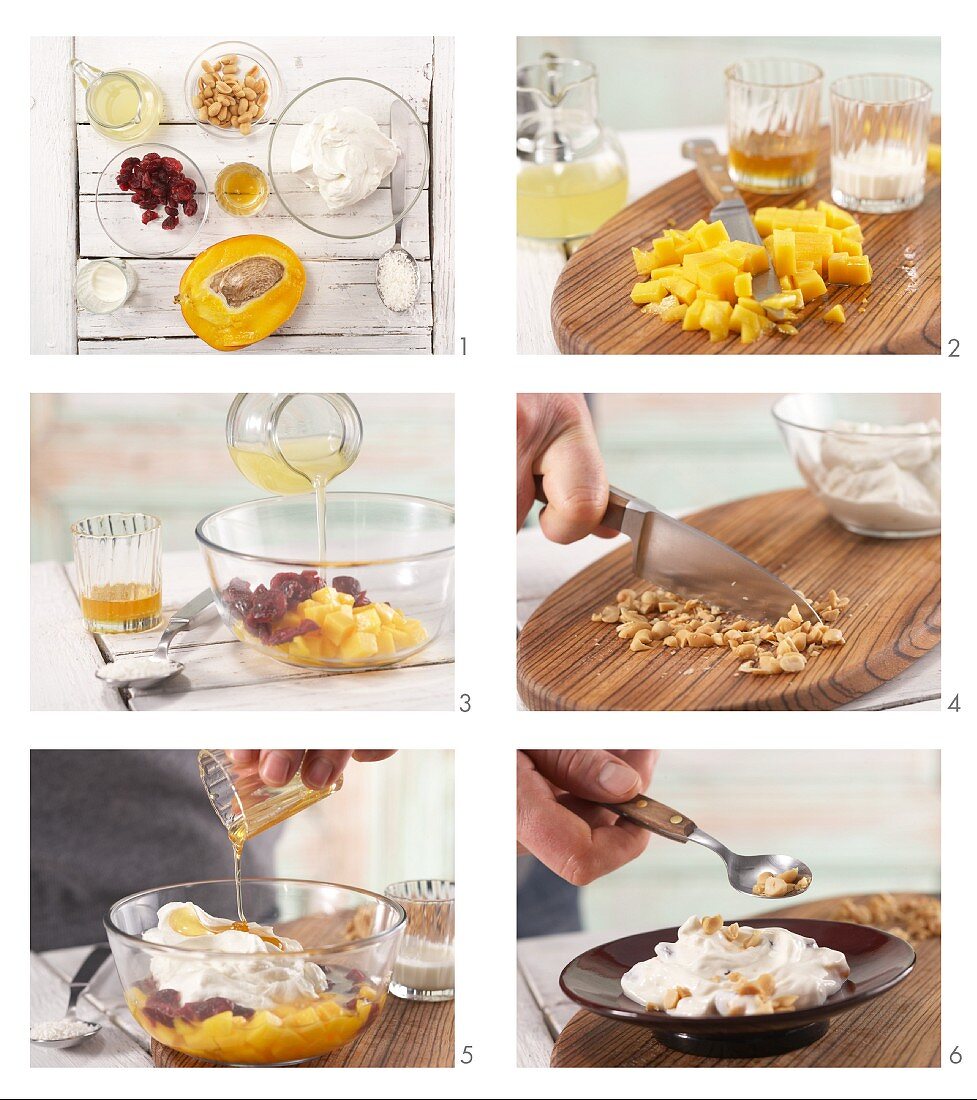 How to prepare coconut and mango quark with cranberries and peanuts