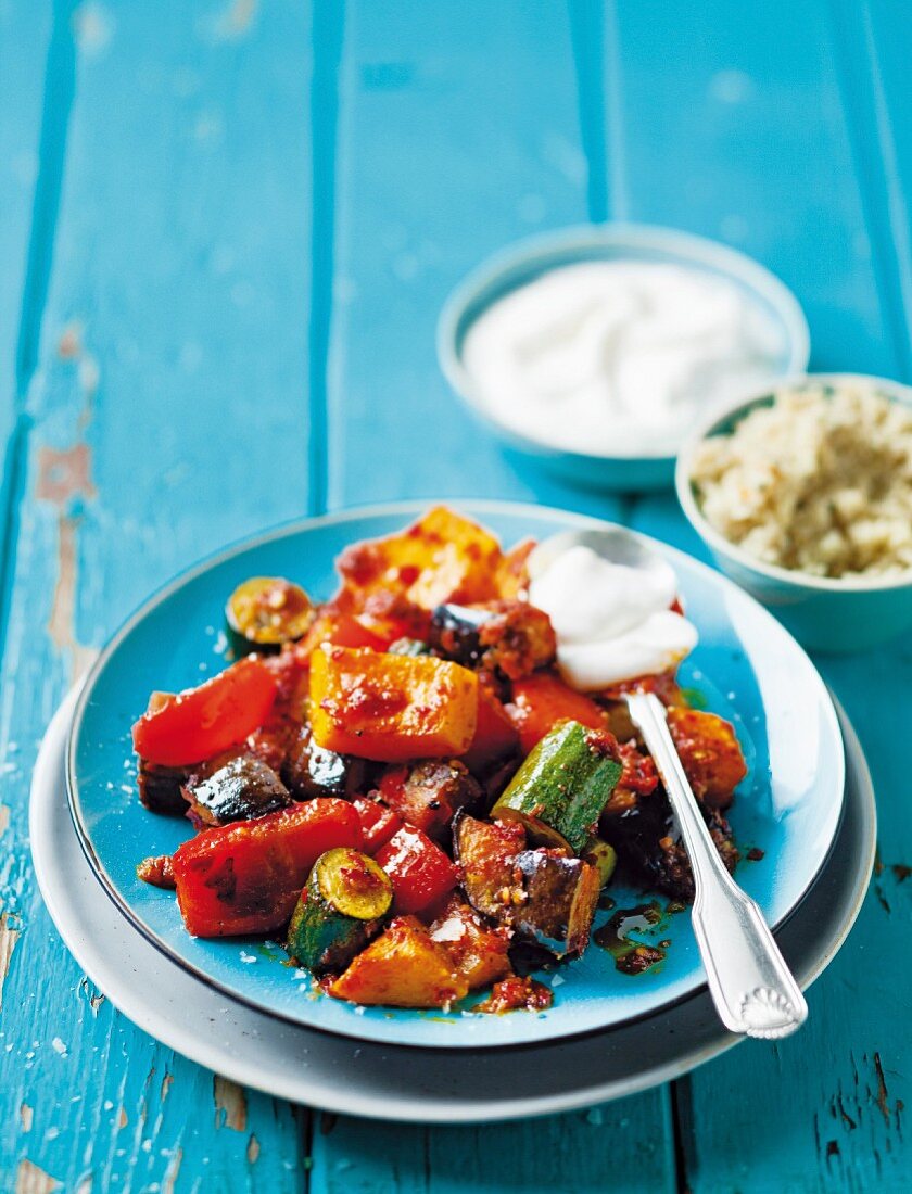 Moroccan pan-fried vegetables with harissa, yoghurt and couscous