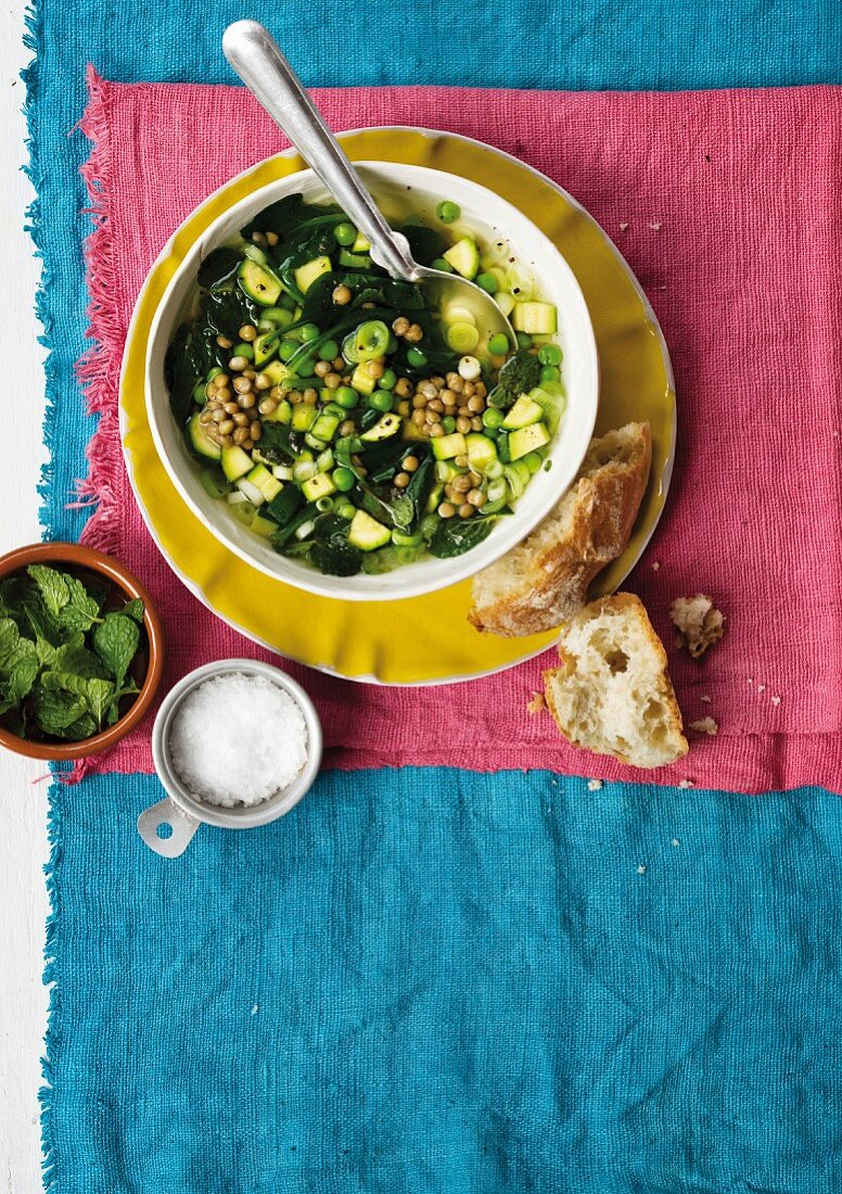 Lentil soup with spring vegetables