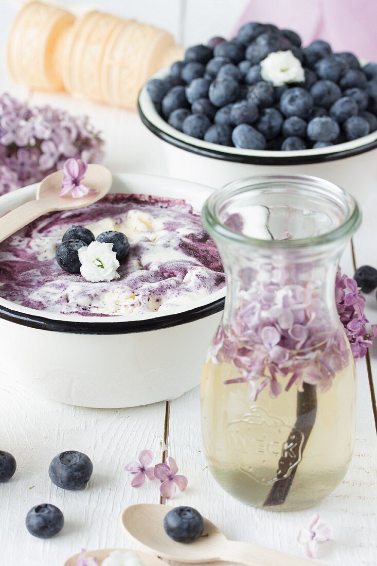 Blueberry ice cream with lilac blossom syrup