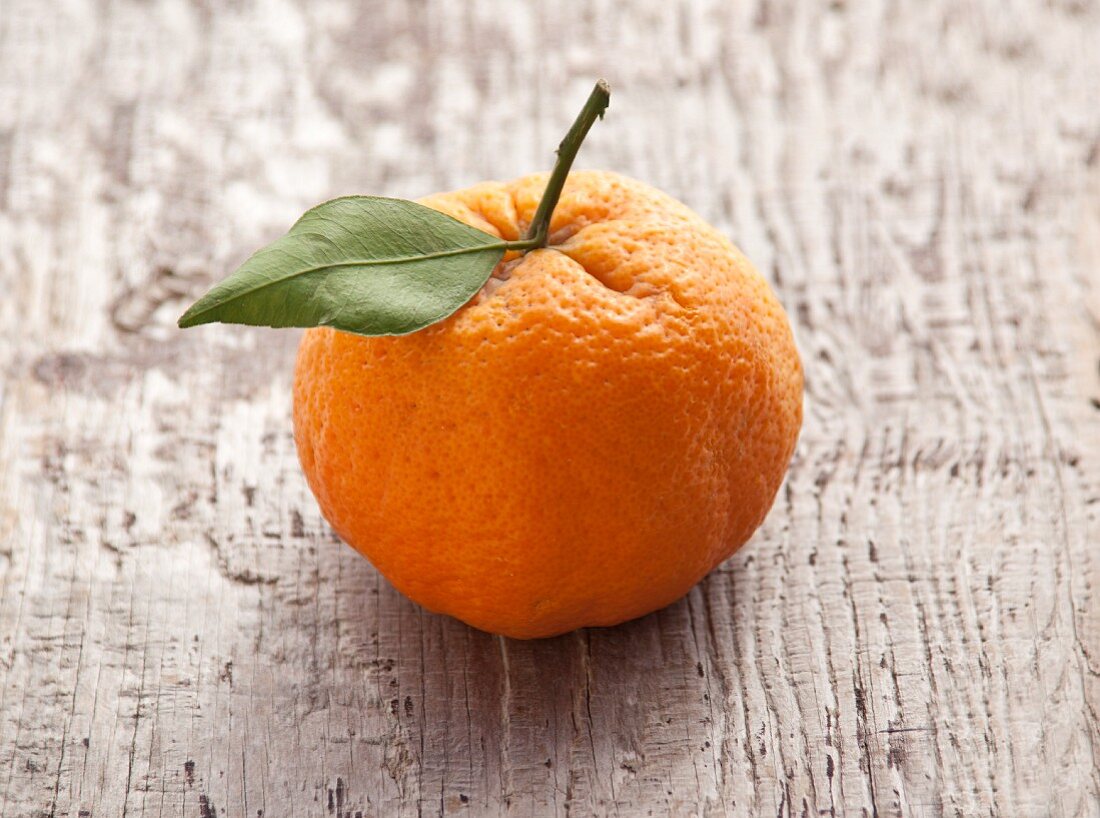 A Shasta Gold mandarin on an old wooden surface